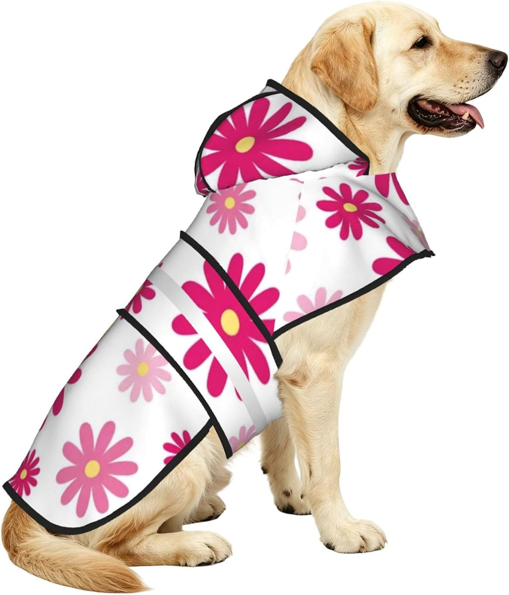 Pink Daisy Floral Pattern Dog Raincoat with Hood, Reflective Strips, Leash Opening, Water Resistant Large