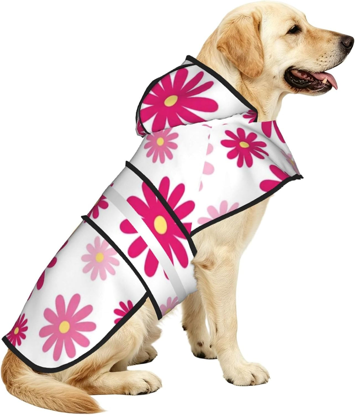 Pink Daisy Floral Pattern Dog Raincoat with Hood, Reflective Strips, Leash Opening, Water Resistant Large