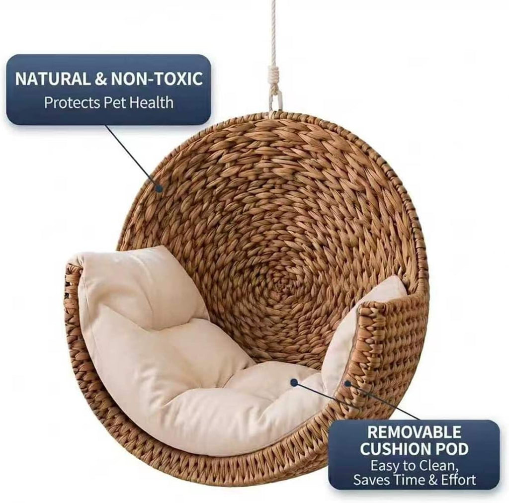 Hanging Cat Bed - Woven Rattan Wall-Mounted Pet Hammock with Soft Cushion