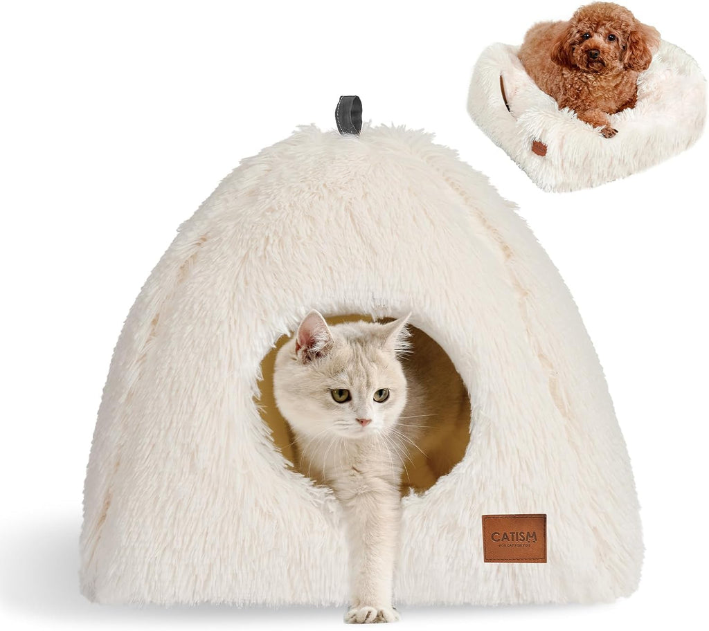 Cat Bed, Cat Cave for Indoor Cats, Soft Cat Dome, Self-Warming 2 in 1 Foldable Pet Cat House with Washable Cushioned Pil