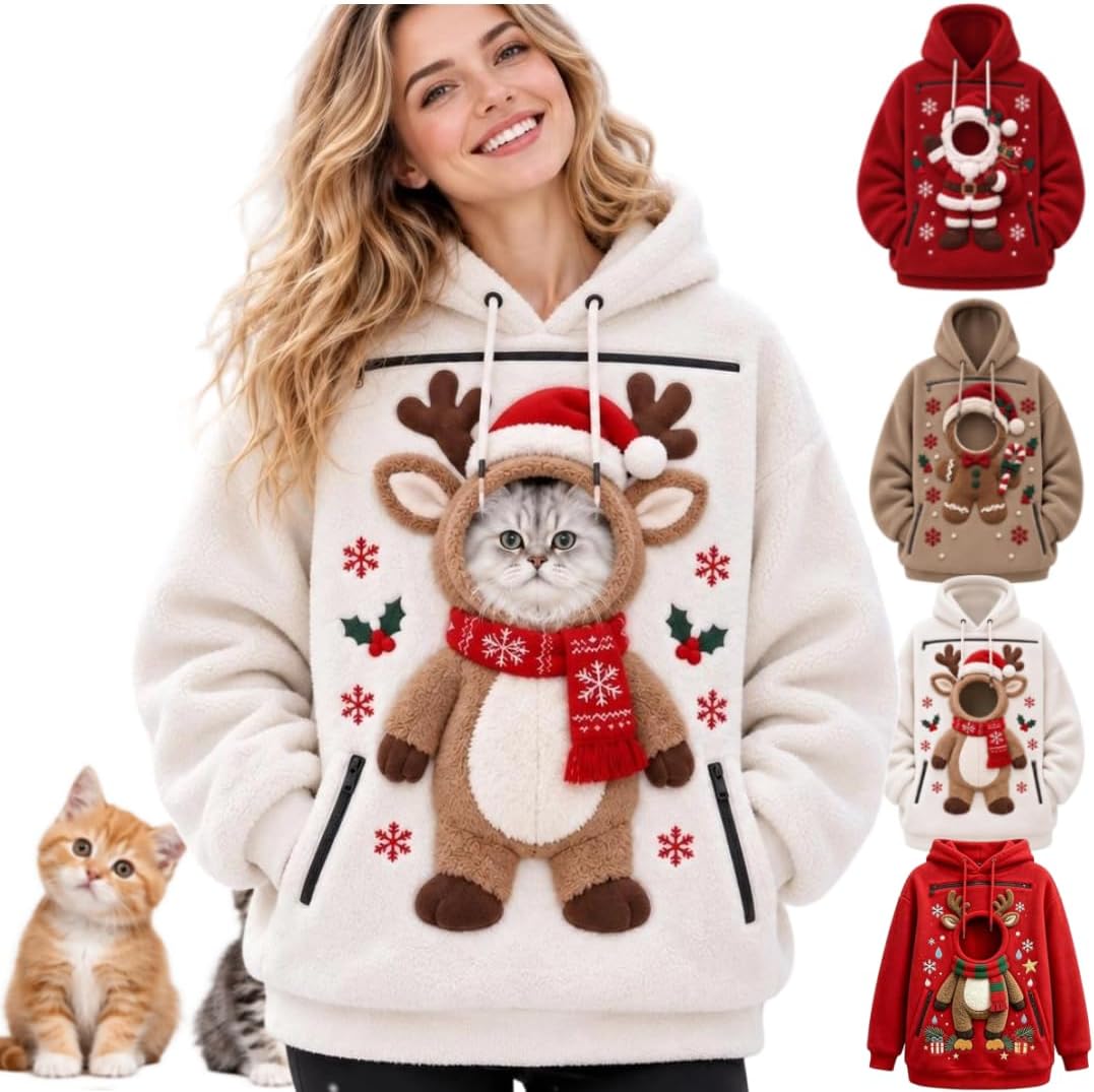 Womens Mens Pet Pouch Santa Hoodie Zip Cat Carrier Christmas Sweatshirt