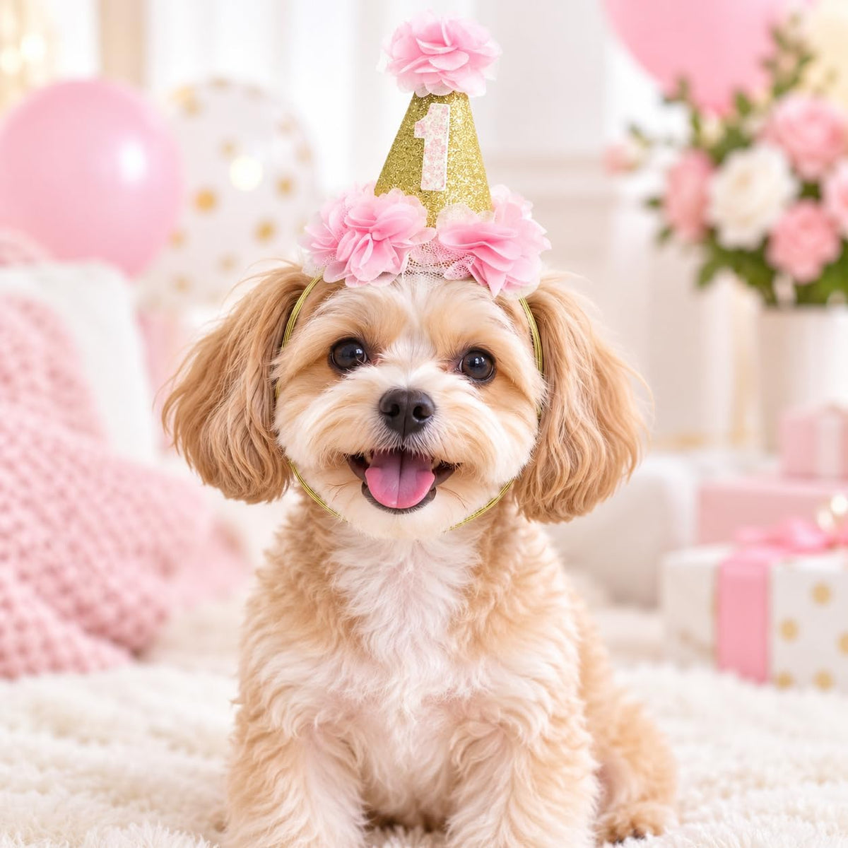 Stock Show 1st Pet Birthday Cone Hat Dogs Cats Holiday Party Hat Headwear Costume with Flowers Accessories and Adjustabl