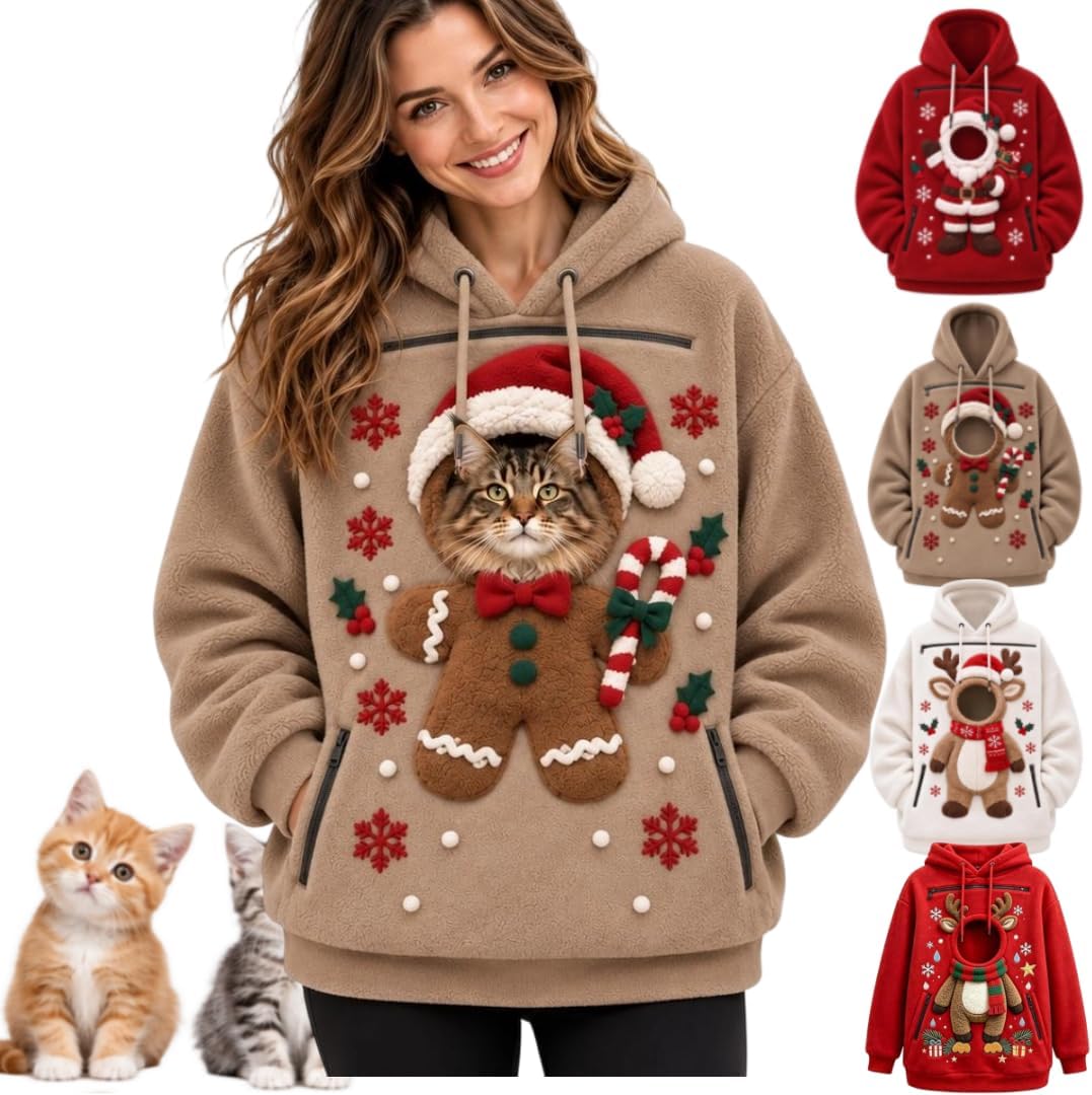 Womens Mens Pet Pouch Santa Hoodie Zip Cat Carrier Christmas Sweatshirt
