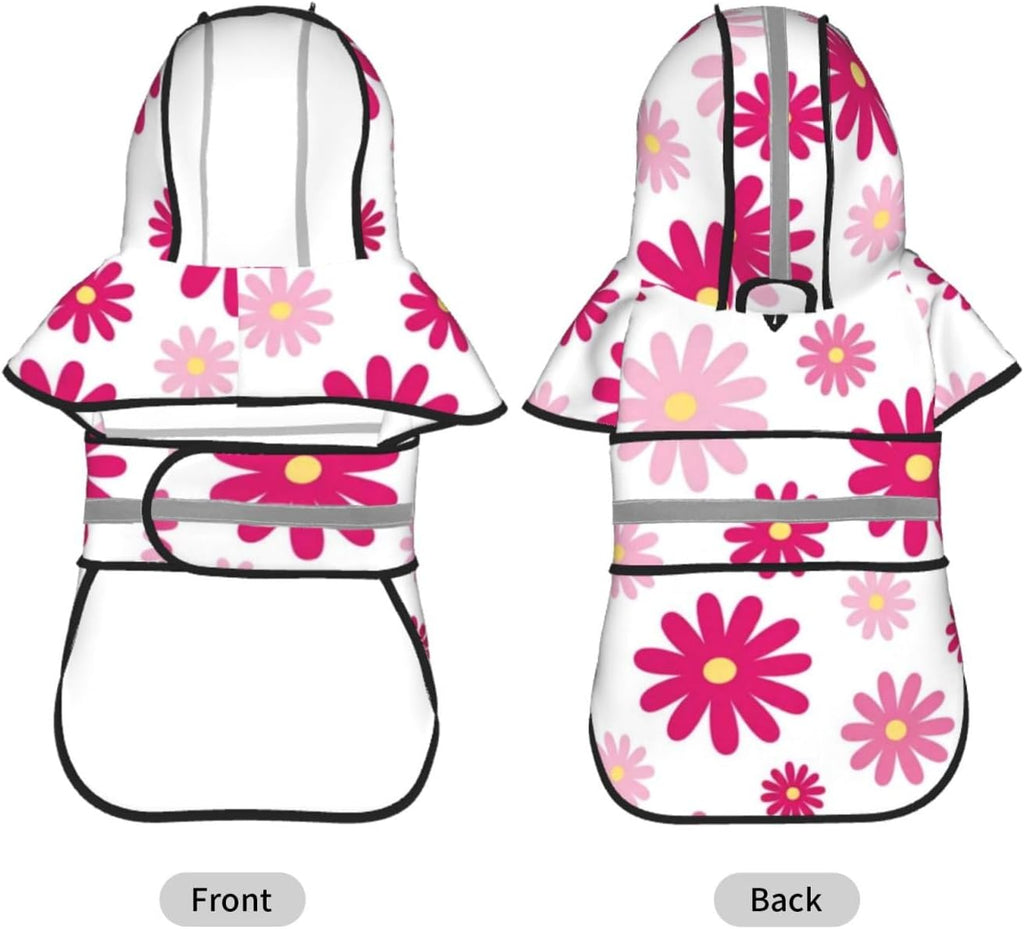Pink Daisy Floral Pattern Dog Raincoat with Hood, Reflective Strips, Leash Opening, Water Resistant Large
