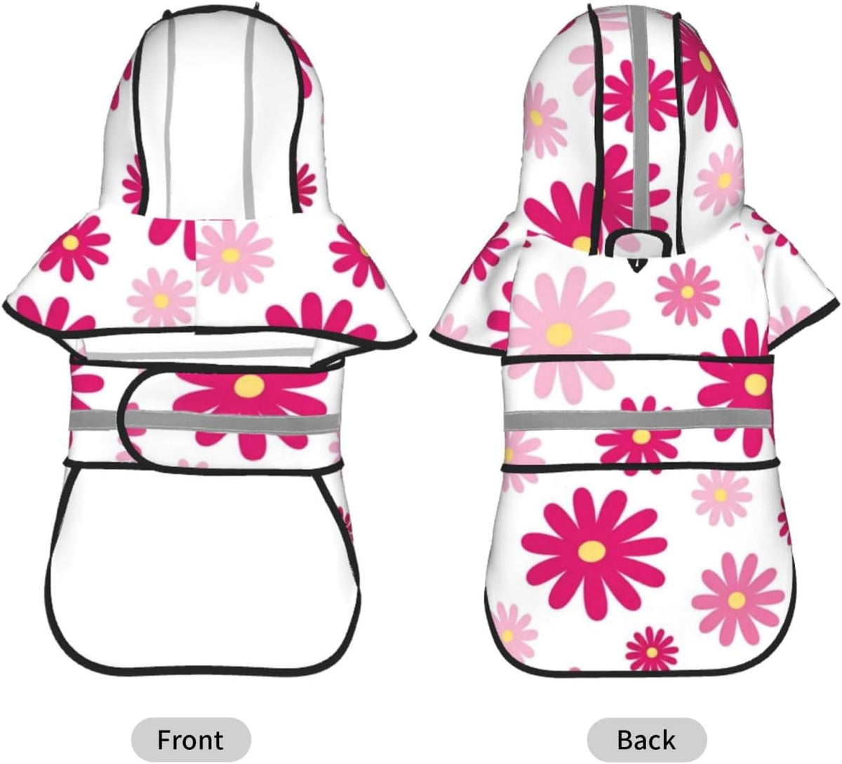 Pink Daisy Floral Pattern Dog Raincoat with Hood, Reflective Strips, Leash Opening, Water Resistant Large