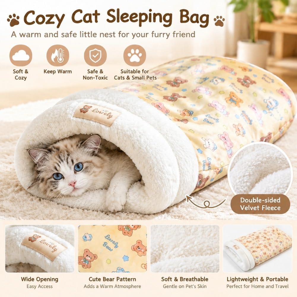 Cat Sleeping Bag Warm Soft Fluffy Cozy Pet Bed for Indoor Cats