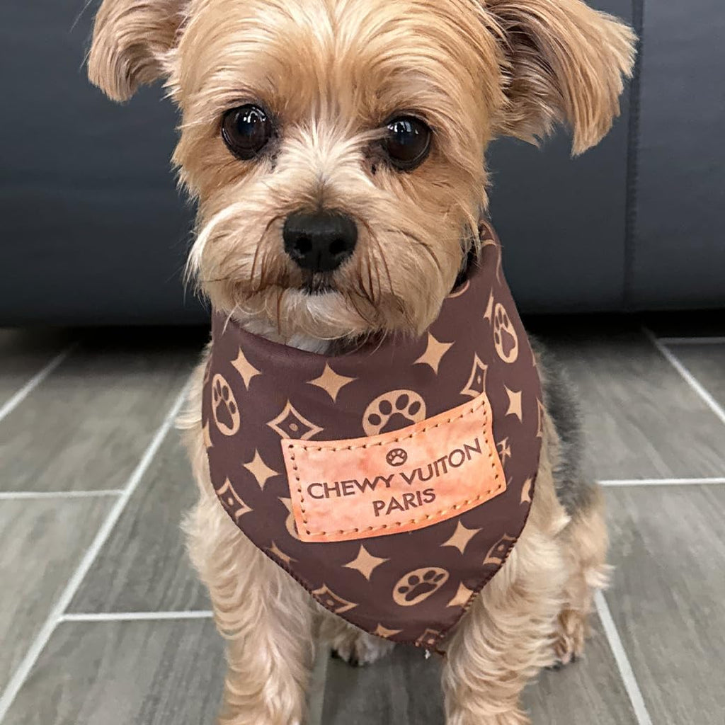 Chewy Vuiton Dog Bandana Designer Fashion Scarf Kerchief for Small Medium and Large Dogs, Funny Parody Gift for Girl or 