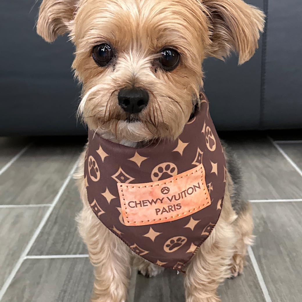Chewy Vuiton Dog Bandana Designer Fashion Scarf Kerchief for Small Medium and Large Dogs, Funny Parody Gift for Girl or 