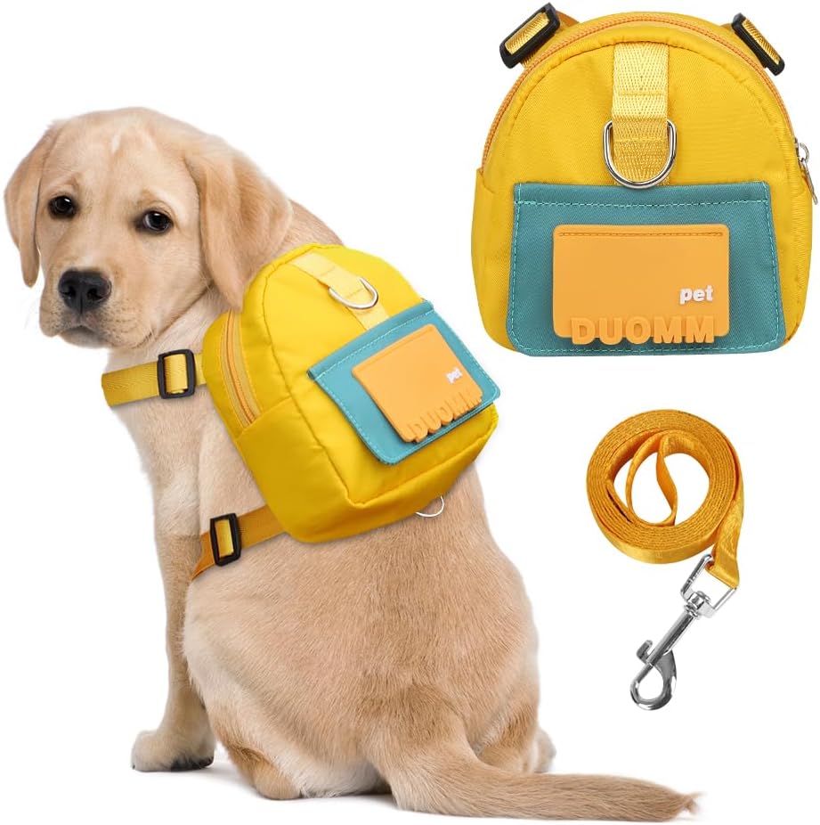 Dog Backpack Harness with Leash,Cute Pet Puppy Backpacks Bulid-in Dog Poop Bag Dispenser,Adjustable Pets Self Carrier Ba