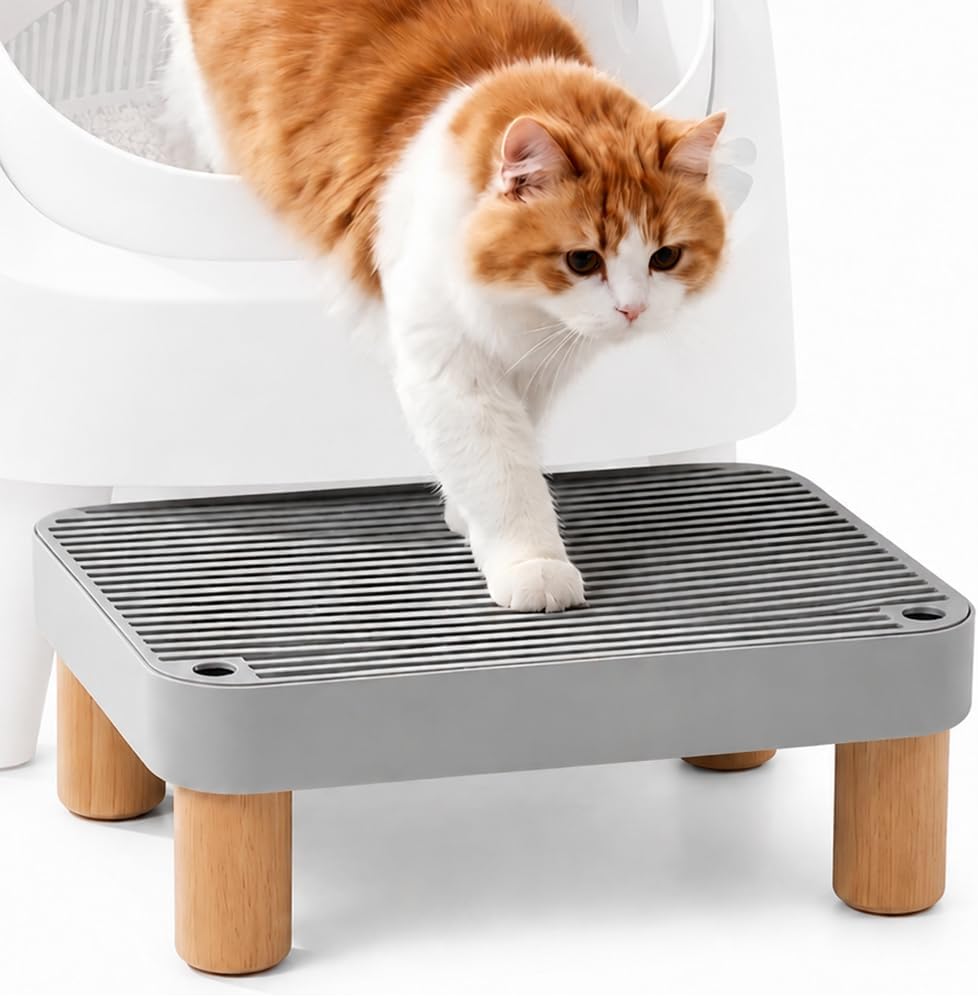 Litter Box Step, Litter Box Ramp/Catcher with Wooden Base, Anti-Tracking & Easy to Clean, Ideal for Small & Elderly Cats
