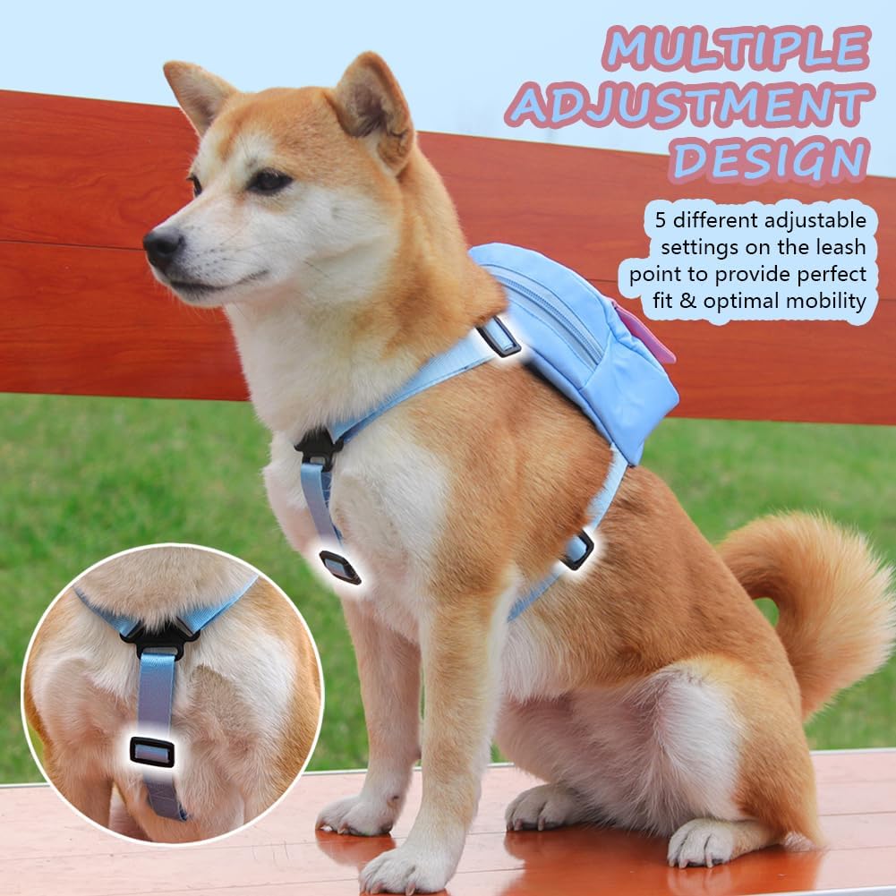 Dog Backpack Harness with Leash,Cute Pet Puppy Backpacks Bulid-in Dog Poop Bag Dispenser,Adjustable Pets Self Carrier Ba
