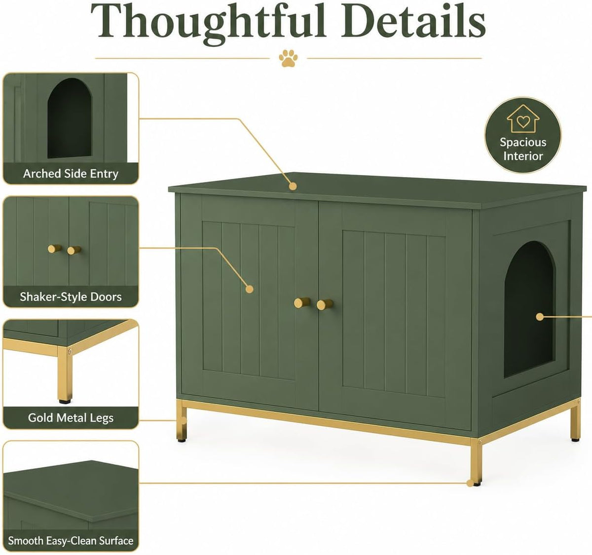 28.3" L Cat Litter Box Enclosure with Metal Frame, Green and Gold