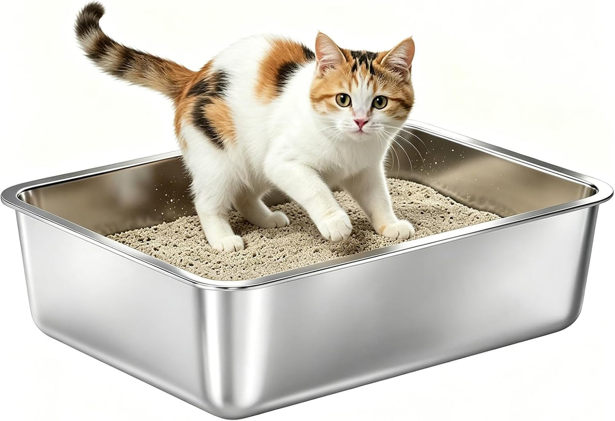 Stainless Steel Litter Box Kitten,Metal Cat Litter Box Low Entry,4" H
