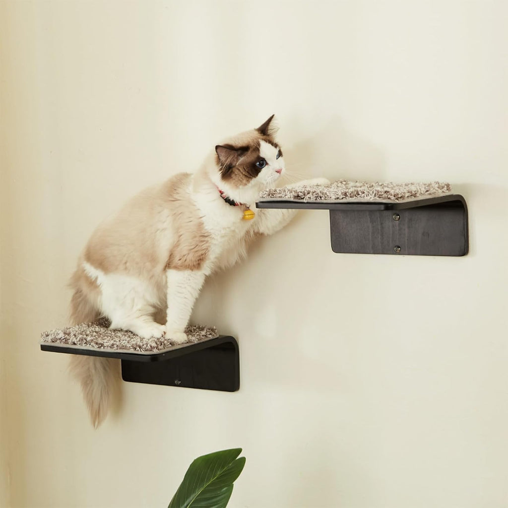 2 Set Cat Wall Steps - Wooden Cat Climbing Shelf for Wall - Cats Wall Stairs with Scratching Mat - Wall Mounted Cats Fur