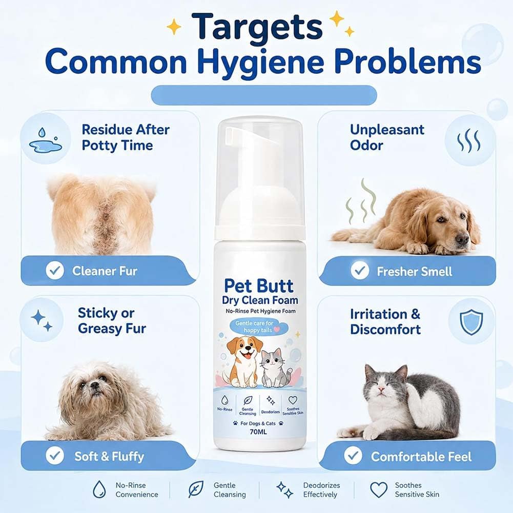 Pet Butt Dry Clean Foam for Dogs & Cats, Gentle Care & Cleansing