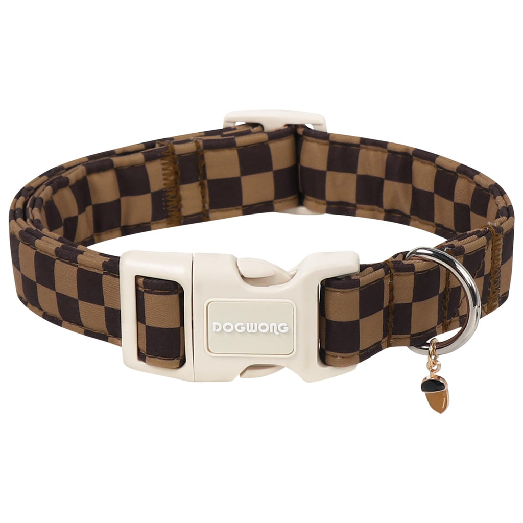 DOGWONG Brown Checked Dog Collar, Autumn Plaid Dog Collar,Western Grid Dogs Collars for Small Medium Dogs, Neck 11-16 inches