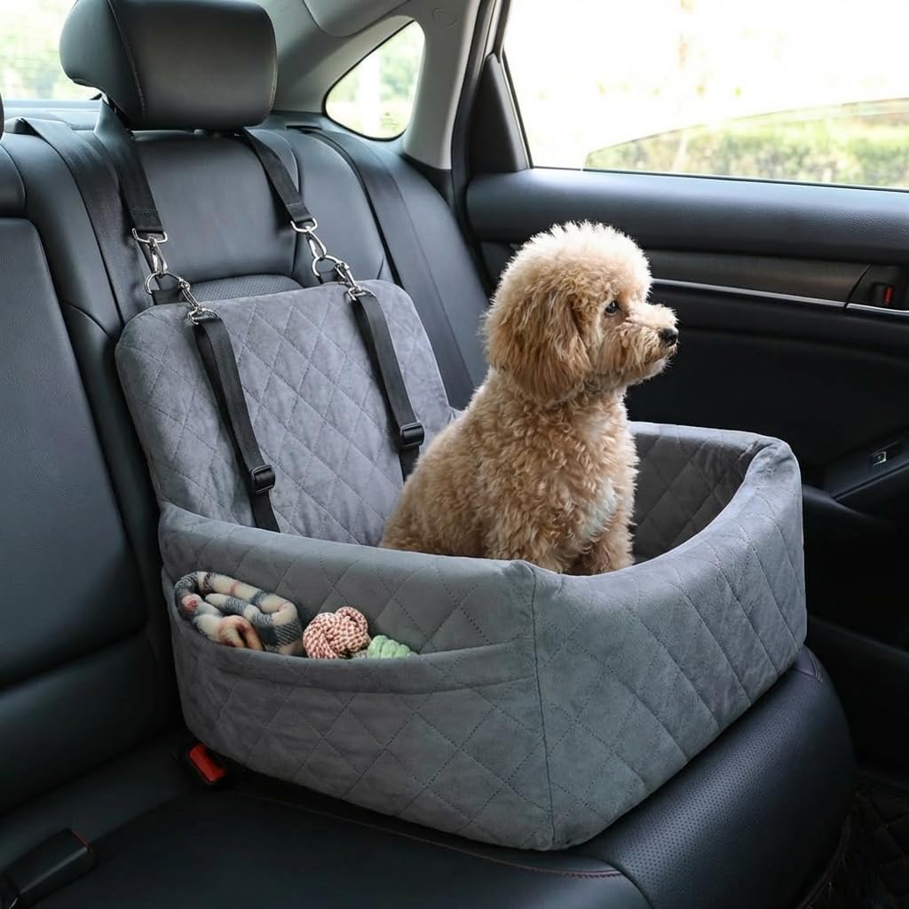 Dog Car Booster Seat with Adjustable Straps and Storage Pockets, Washable Pet Travel Seat Bed Heavy-Duty Clip Safety Car