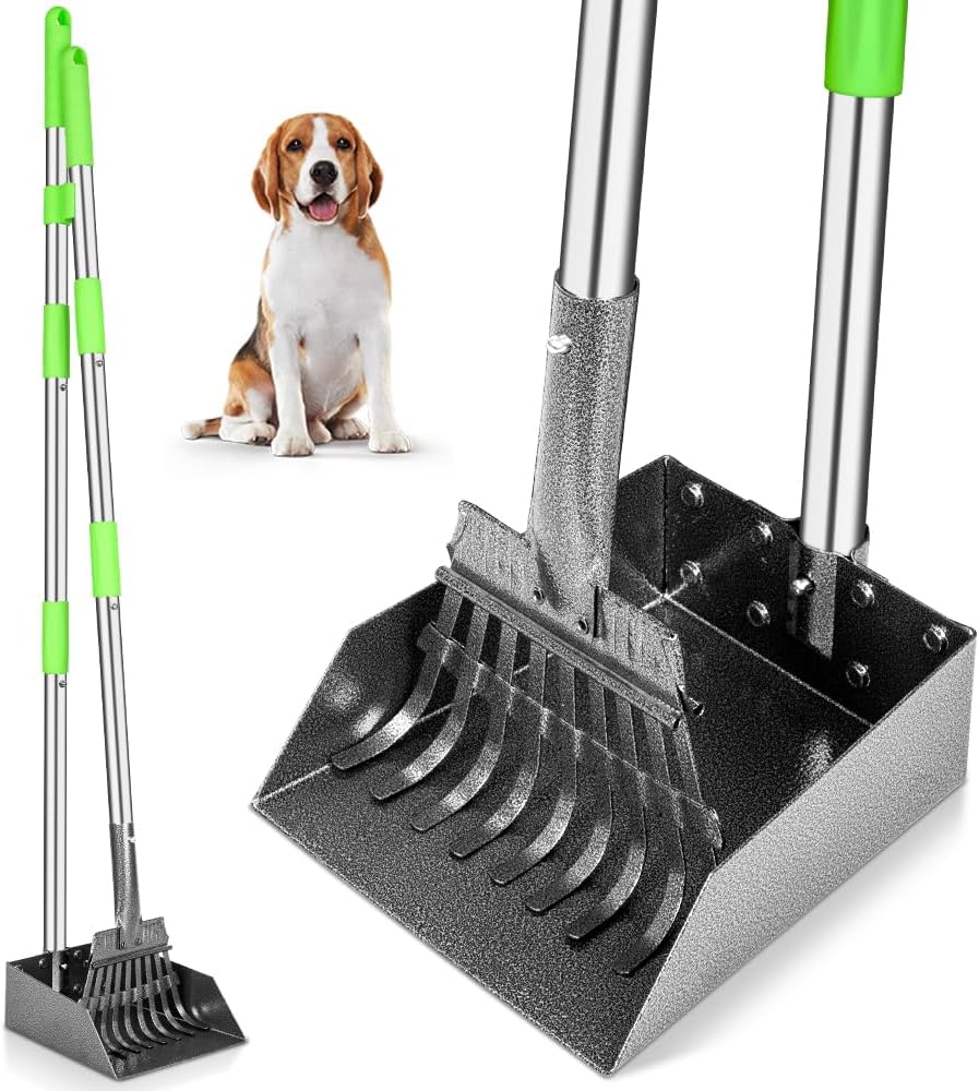 Pooper Scooper, Dog Pooper Scooper Long Handle Stainless Metal Tray and Rake for Medium Small Dogs Heavy Duty Pet Suppli