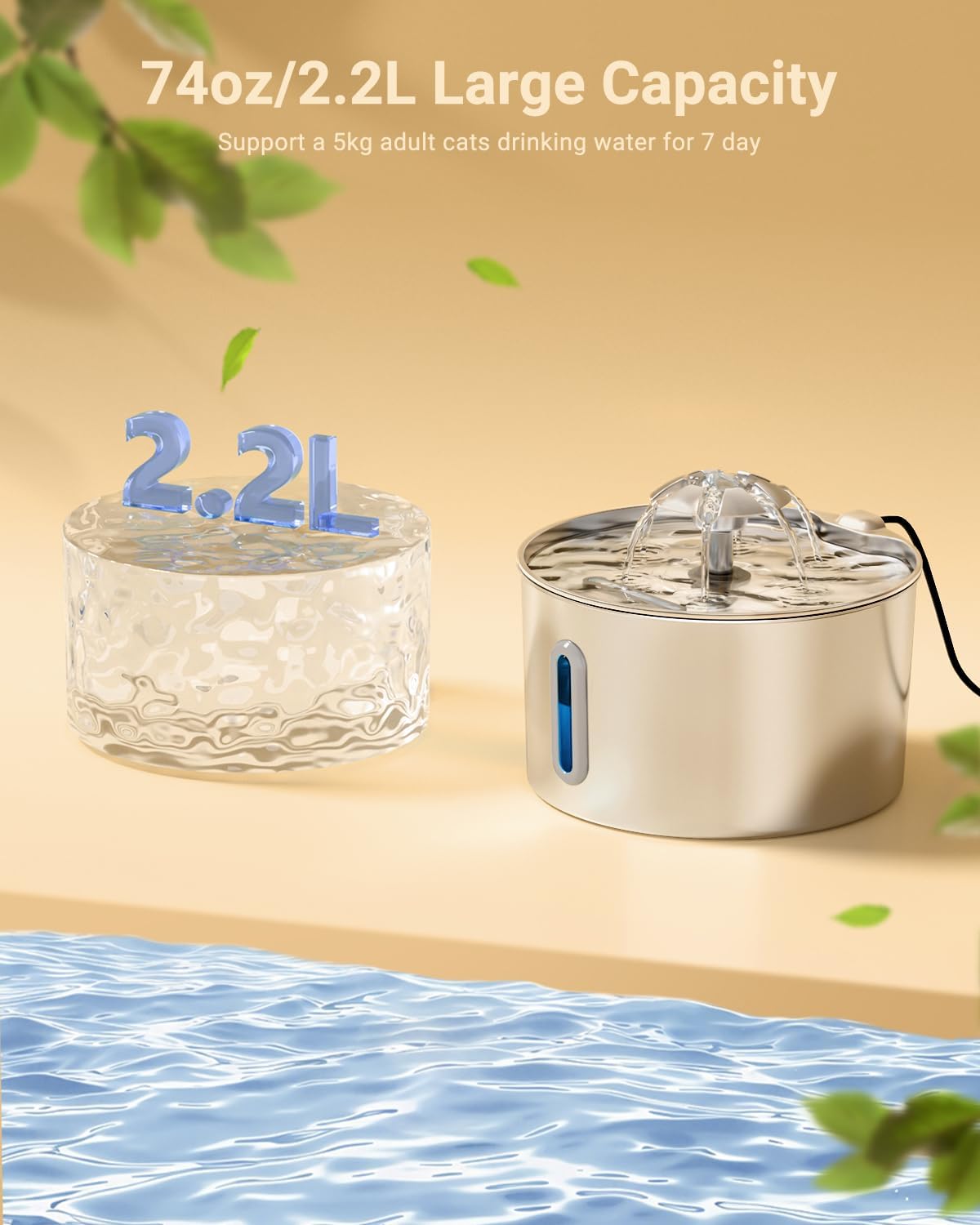 Cat Water Fountain Stainless Steel - 74oz/2.2L Automatic Large Pet Watering Bowl Dispenser for Indoor Dogs - Drinking Fo