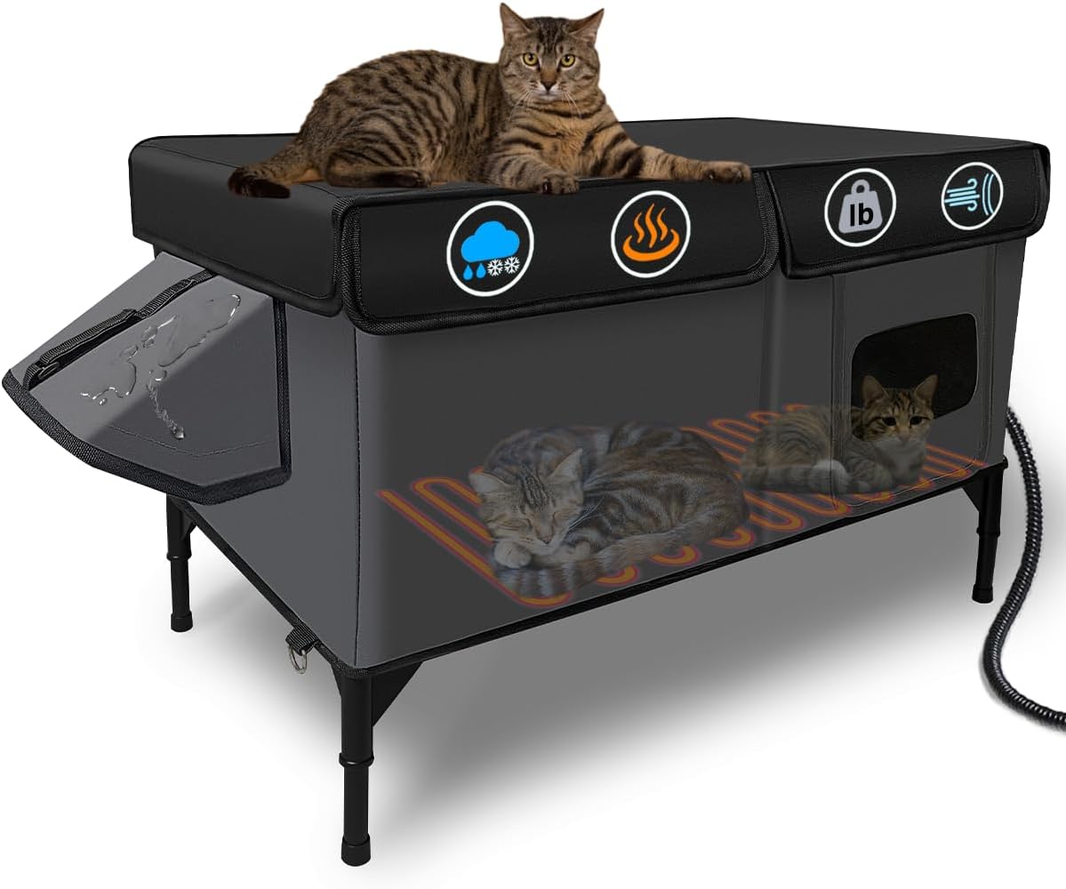 Heated Cat House for Outside Insulated in Winter,Dark Gray,Small