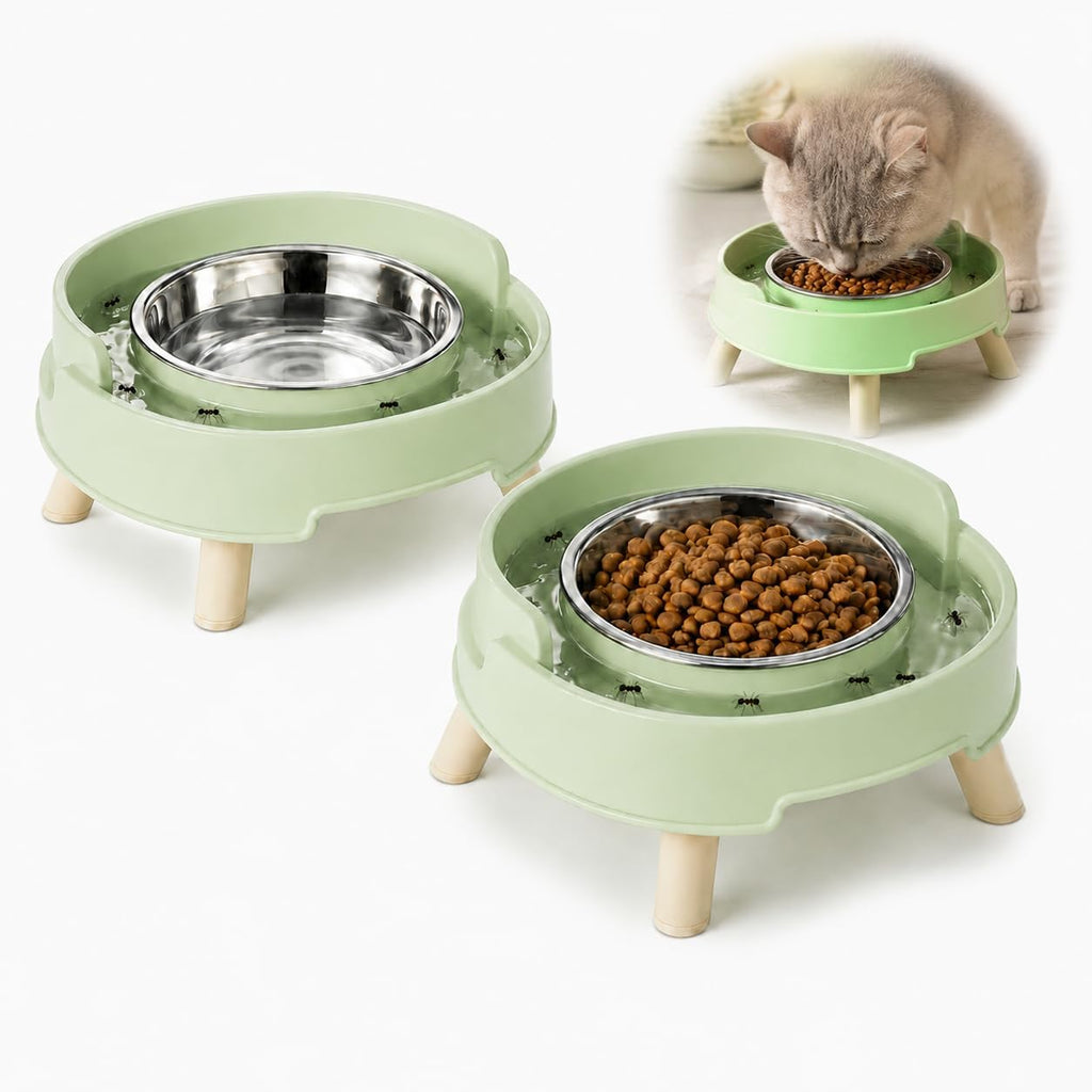 Ant Proof Elevated Cat Bowls with Stainless Steel Bowls (Green-2Pcs)