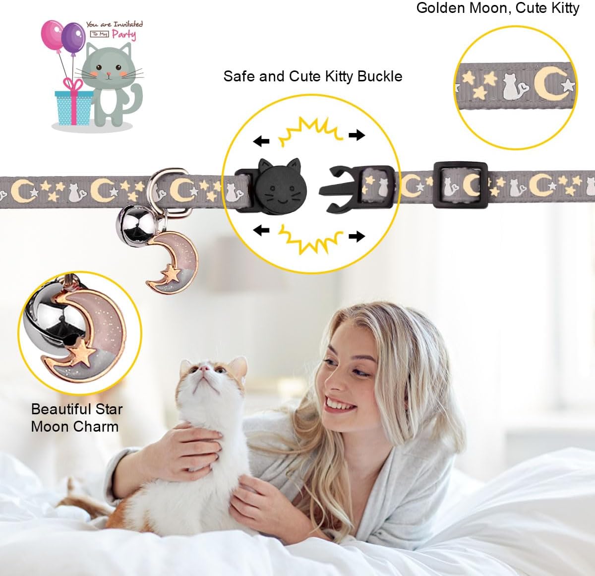 Baeuppit 2PCS Breakaway Cat Collars with Bell Cute Kitty Glow in The Dark Adjustable Kitten Collars(Grey&Black)
