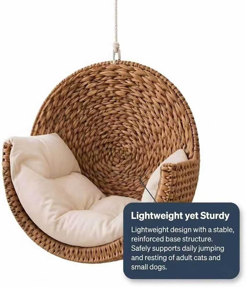 Hanging Cat Bed - Woven Rattan Wall-Mounted Pet Hammock with Soft Cushion