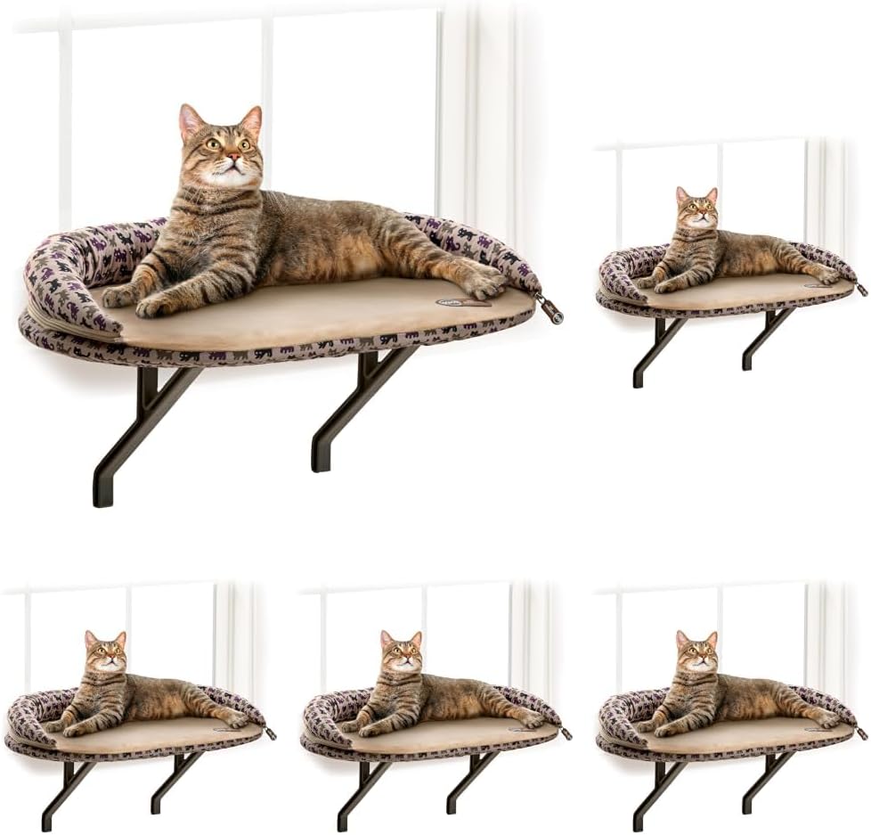 K&H PET PRODUCTS Deluxe Kitty Sill with Removable Bolster Tan/Kitty Print 14 X 24 Inches