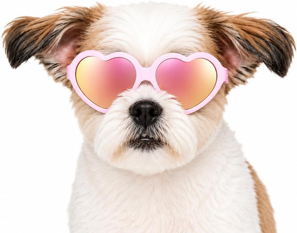 G016-1 Dog Pet Heart Costume Sunglasses for Small to Medium Breed (Up to 15 lbs, Heart Pink-Pink Mirror)