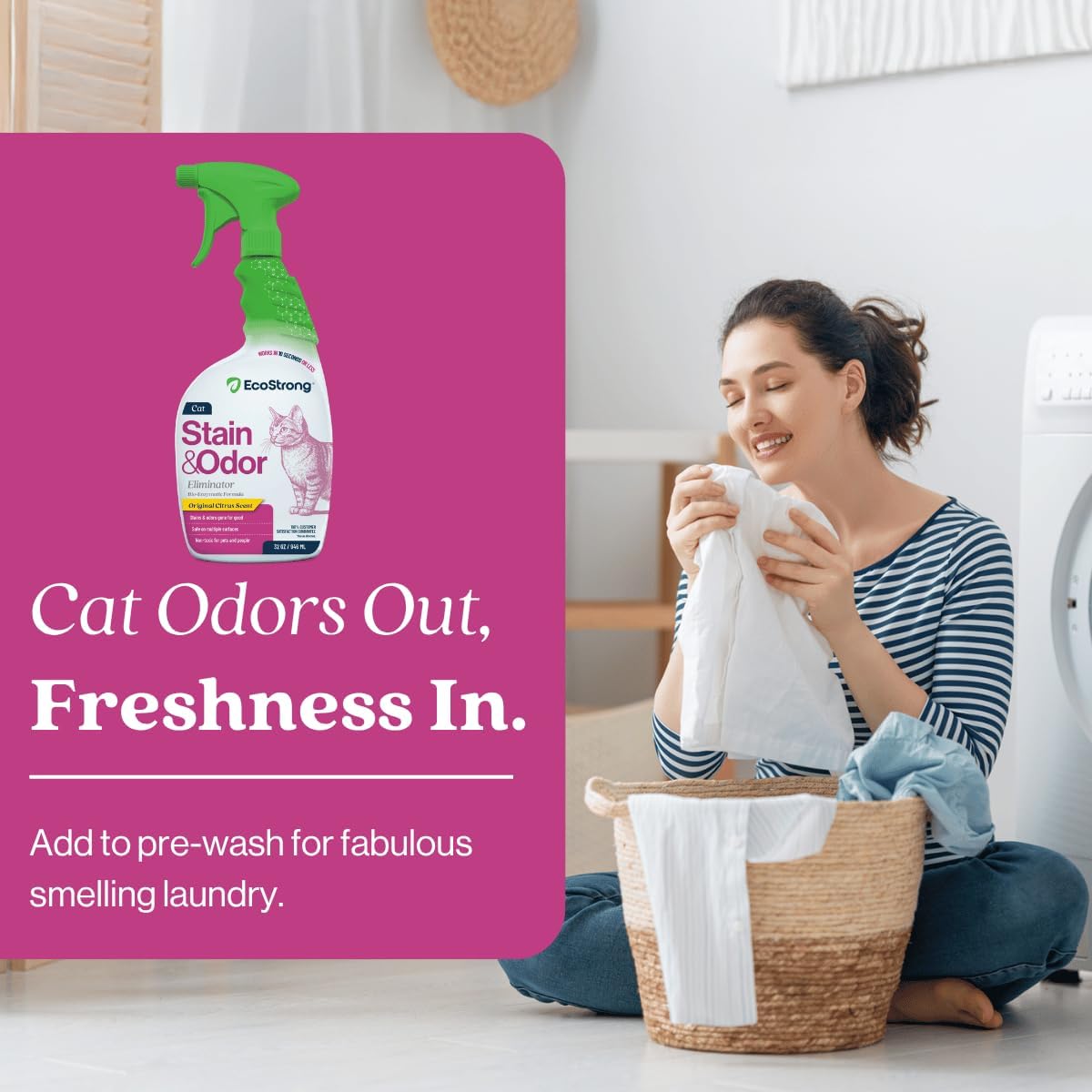 Eco Strong Cat Stain And Odor Remover | Enzyme Urine Odor Neutralizer - Stain Remover for Carpet, Litter Boxes, Bedding,