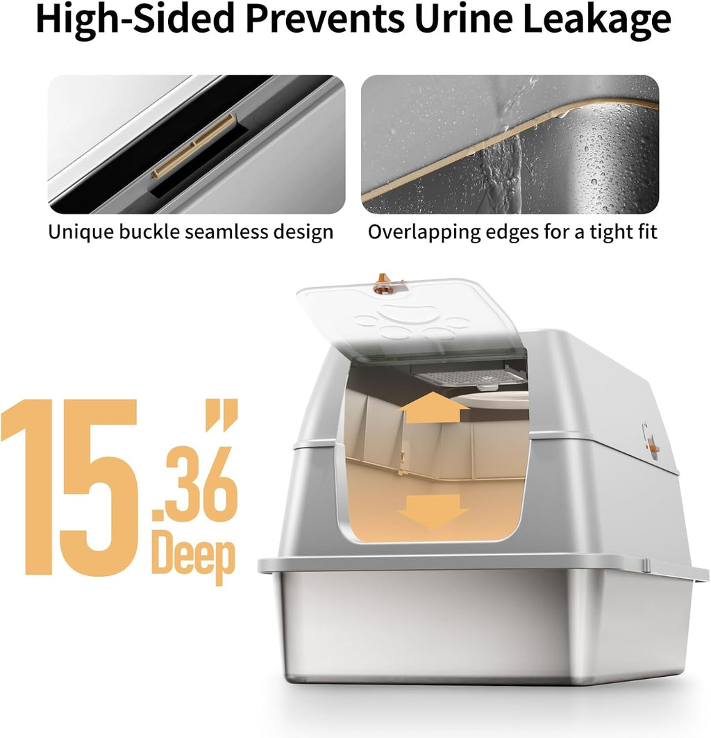 Stainless Steel Cat Litter Box with Removable Lid, XL Enclosed-Grey