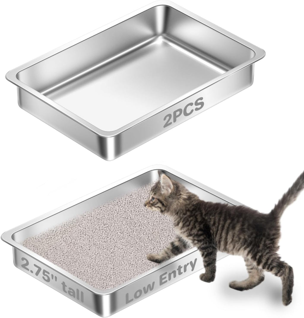 Low Entry Stainless Steel Cat Litter Box for Kittens Small cat, Metal Shallow Kitty Litter Box, Easy Access Kitty Litter