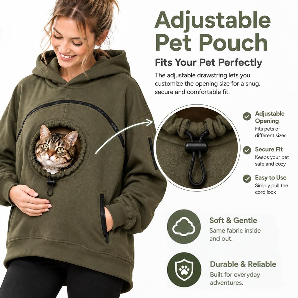 Tibue Pet Pouch Carrier Hoodie with Dog Pouch, Cat Hoodie with Pouch (Black,Large)