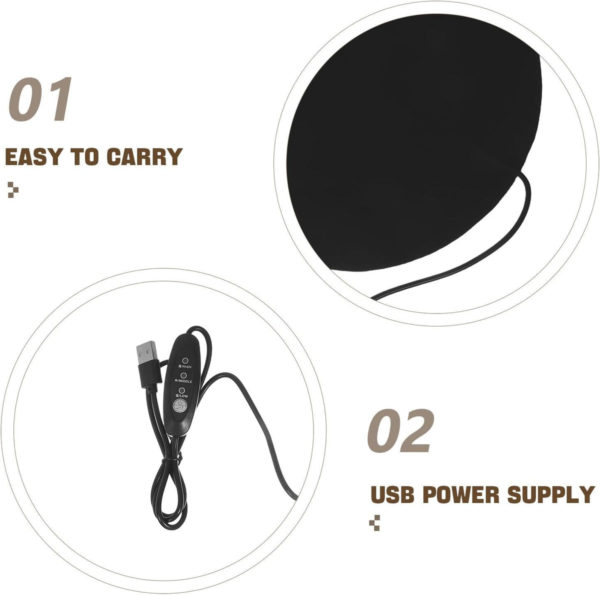 PET Heating Pad Winter USB 5V/2A round Black for Cat Beds