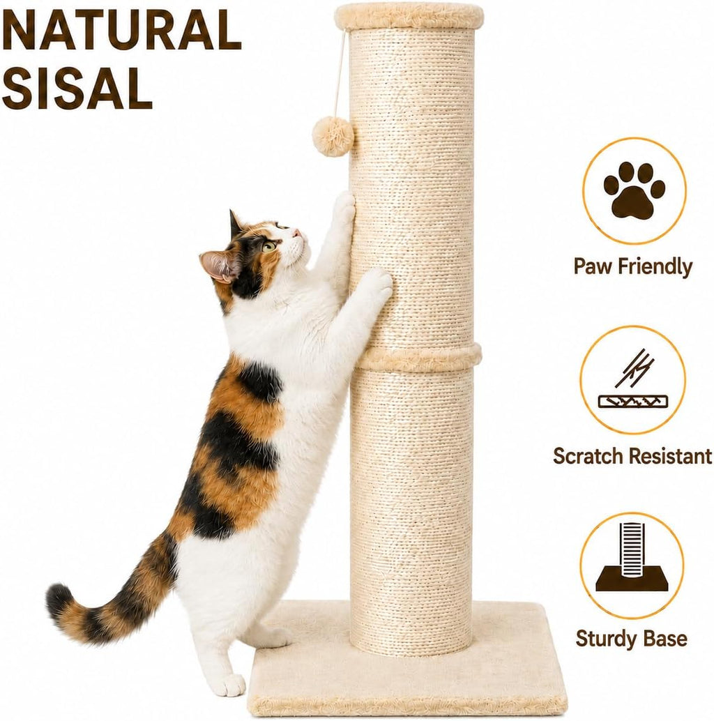 PAWSCRAT 32-Inch Tall Cat Scratching Post, 5.5-Inch Diameter, Sisal, Beige