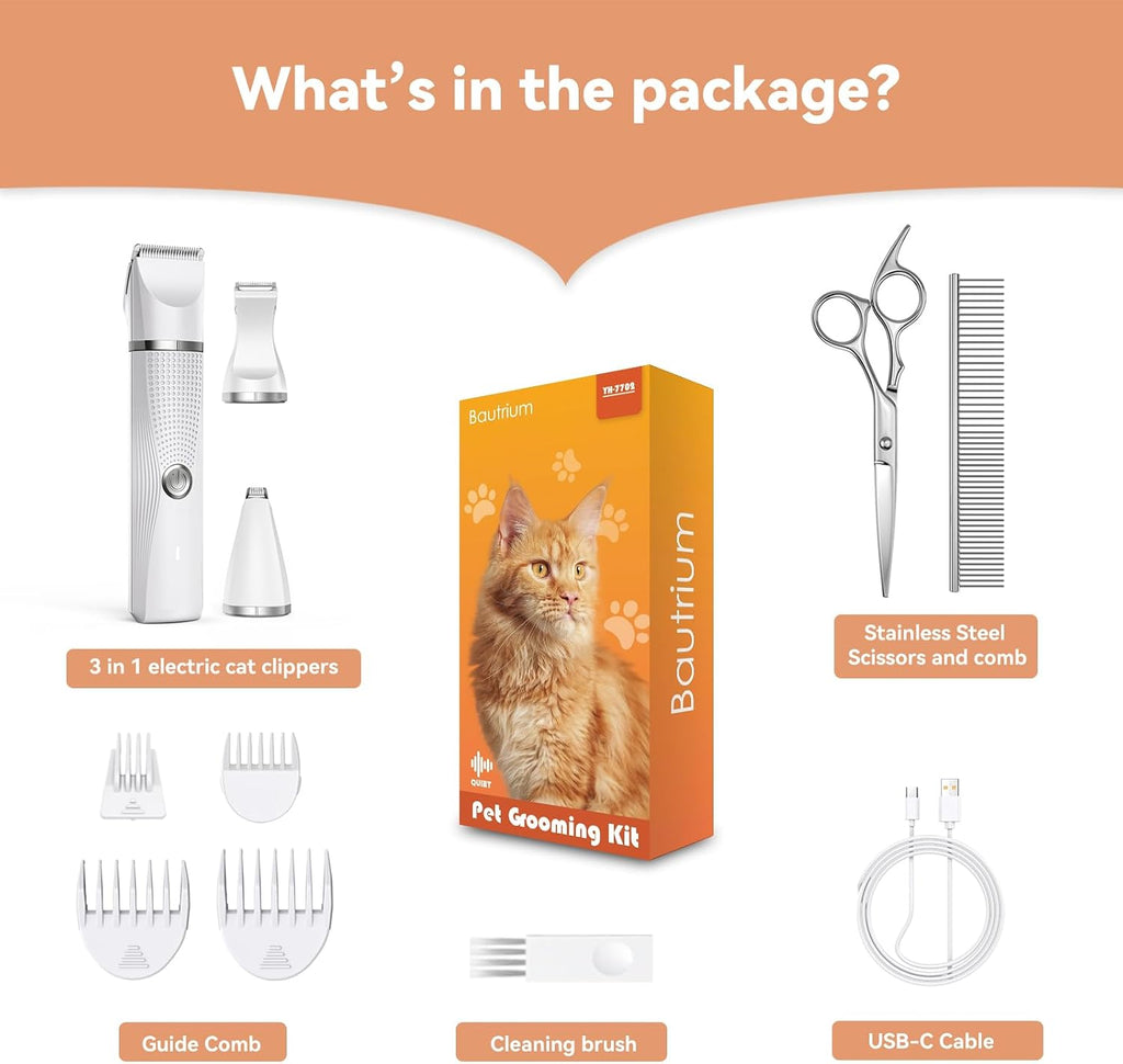 Cat Grooming Clippers Kit with Paw Trimmer, 3 in 1 Electric Pet Hair Trimmer Supplies for Thick Matted Hair, Heavy Coat 