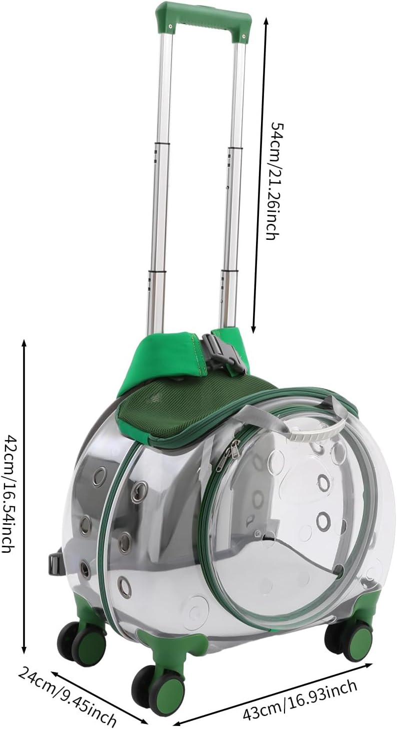 Portable Clear Cat Carrier, Pet Trolley Case with Silent Wheels, Green