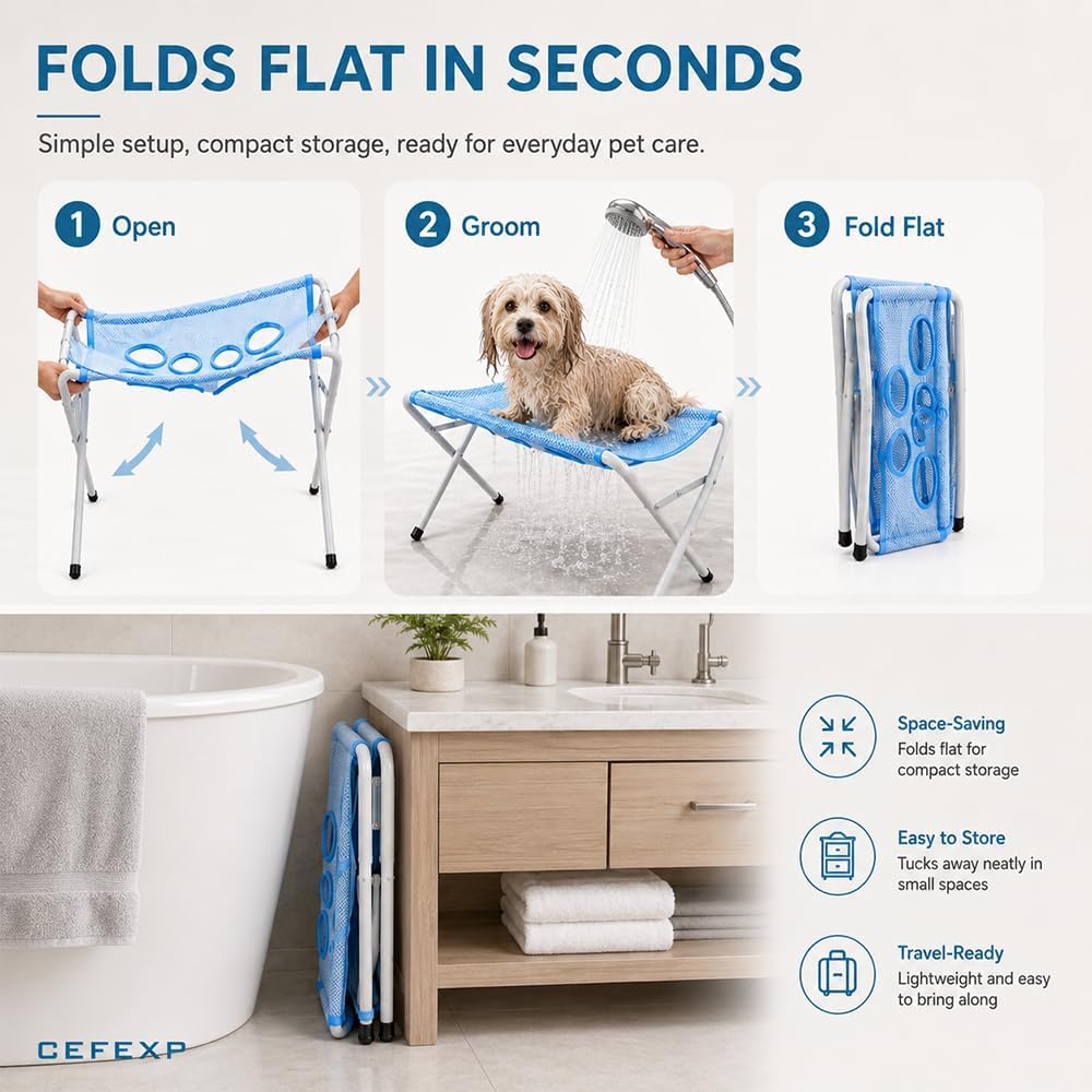 Pet Grooming Hammock Hanging Harness, Foldable Pet Bathing Stand (Blue)