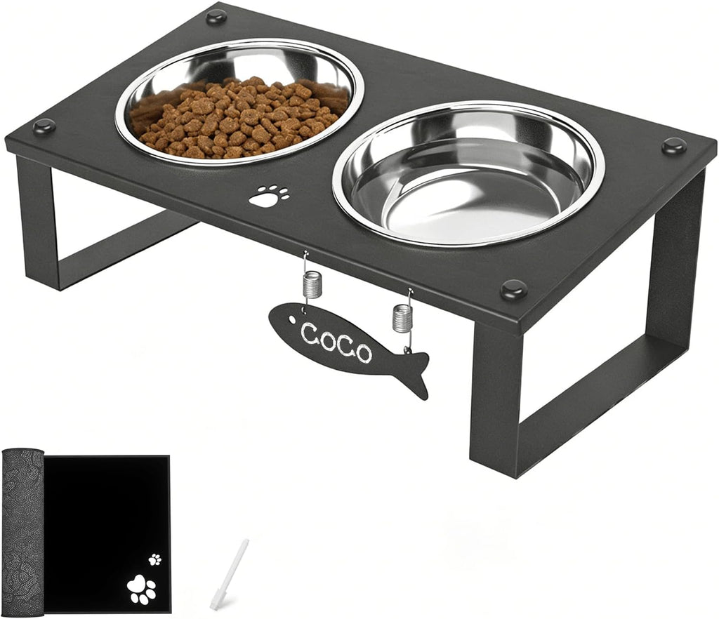 Elevated Cat Bowls with Splash Proof Mat for Kitten Puppy, 10° Tilted Raised Cat Bowl Stand Anti-Vomiting, 2 Wide Shallo