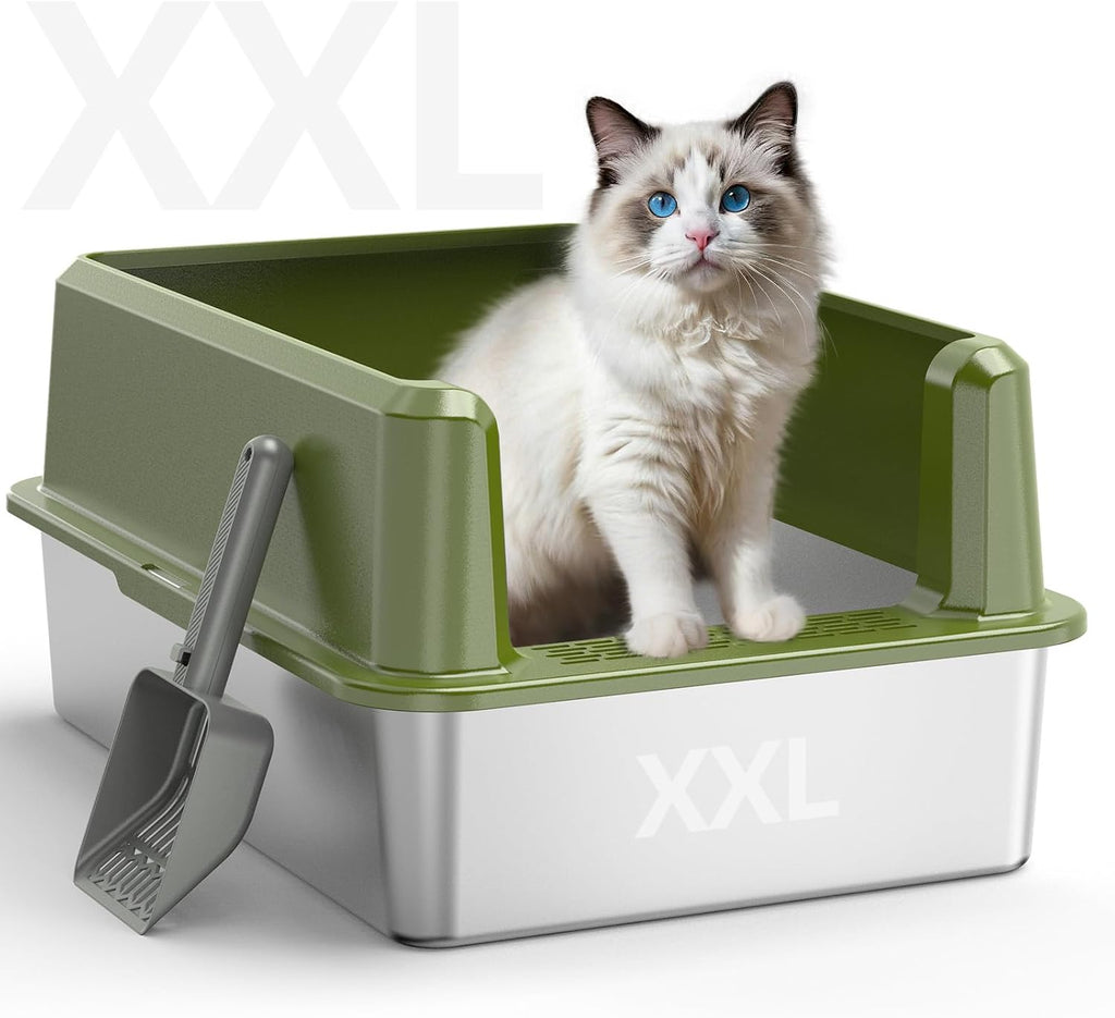 Stainless Steel Cat Litter Box, XL High Sided Open Top Litter Pan, 1 Scoop