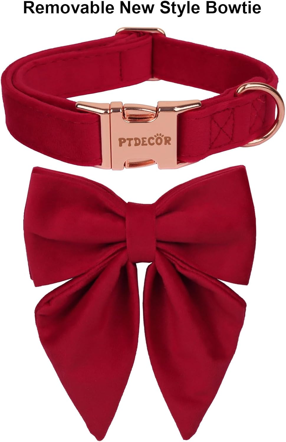 PTDECOR Velvet Dog Collar, Red Christmas Dog Collar with Bowtie, Small