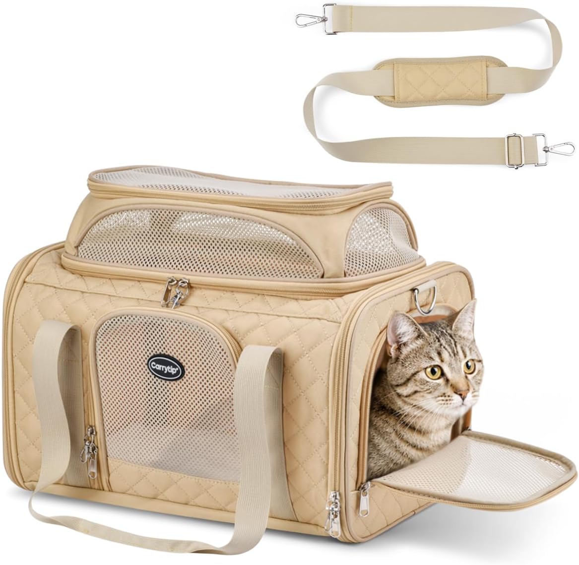 Airline Approved Cat Carrier with Expandable Top, 17x11x9.5in, Ivory White‌
