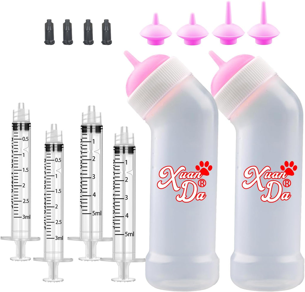 Kitten Nursing Nipple with Syringe, Wide Mouth Angled Puppy Feeding Bottles, with Ventilation Valve Resistant Tearing fo