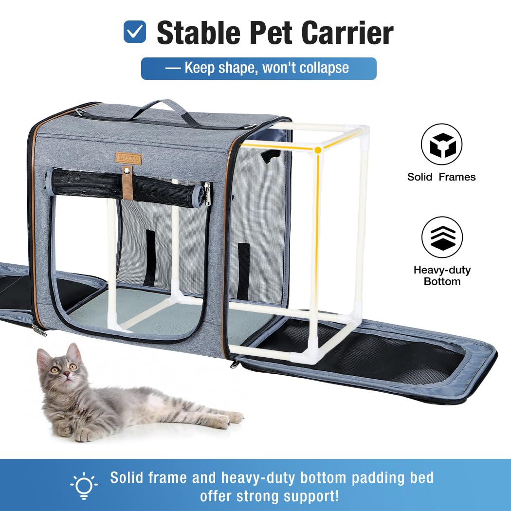 Lekereise Soft-Sided Large Cat Carrier for 2 Cats with Litter Box, 2-in-1 Double Travel Carrier for Moving & Long Road Trips, Zipper Locks Escape Proof, (17.7" x2) x16.5"x13" - Grey