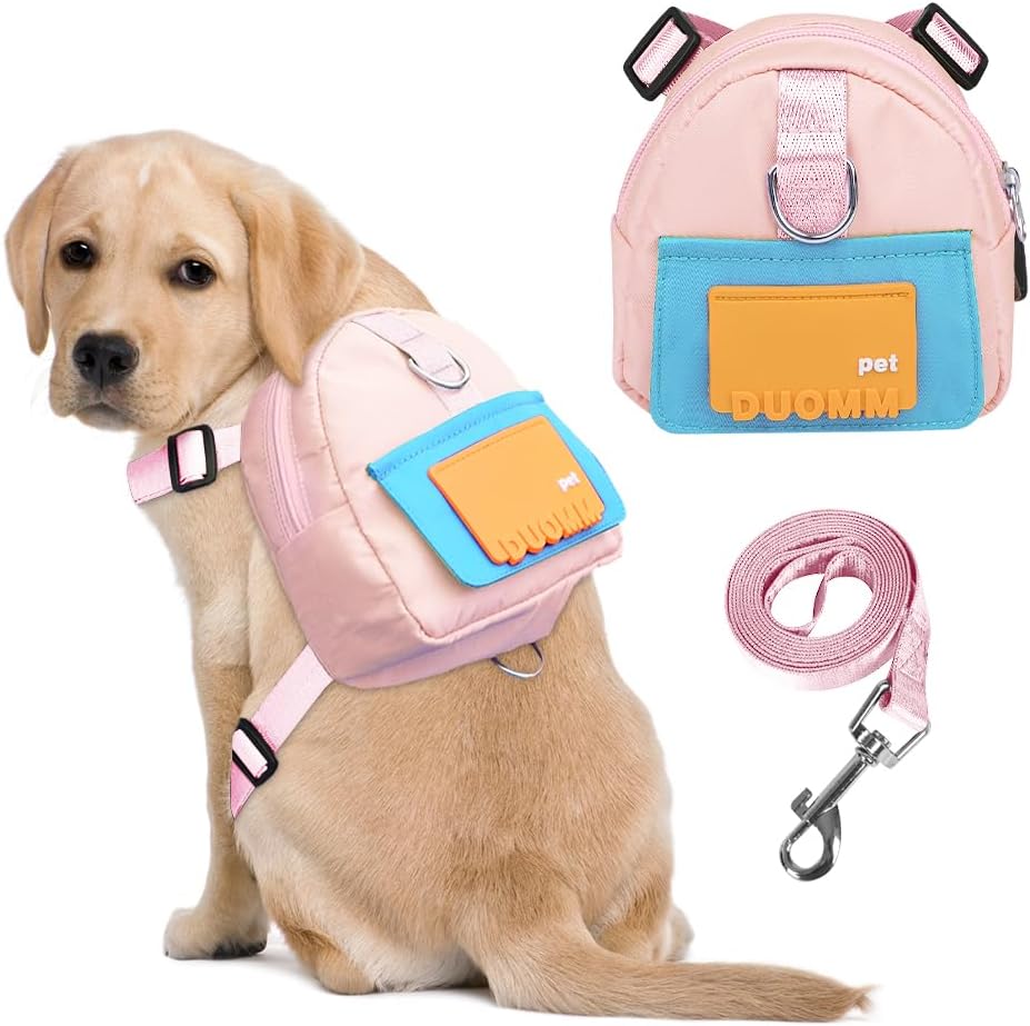 Dog Backpack Harness with Leash,Cute Pet Puppy Backpacks Bulid-in Dog Poop Bag Dispenser,Adjustable Pets Self Carrier Ba