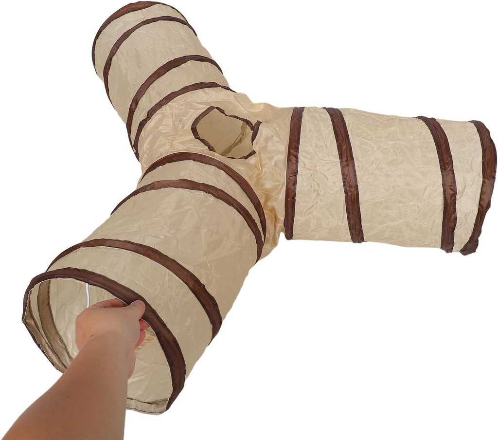 Collapsible Cat Play Tunnel Toy 3 Way 4 Hole Beige Polyester