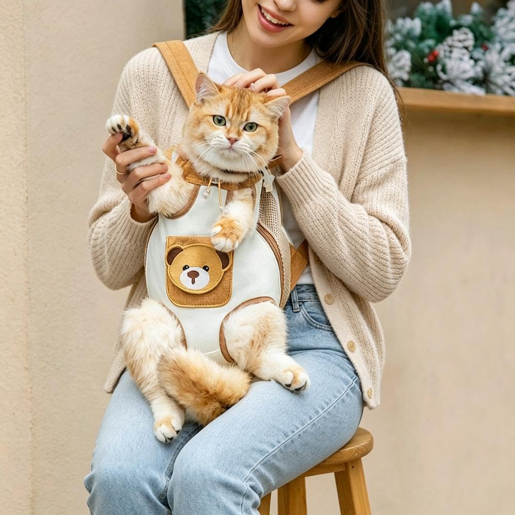 Cute Bear Design Front Pet Carrier Backpack, Hands Free Pet Travel Bag (L)