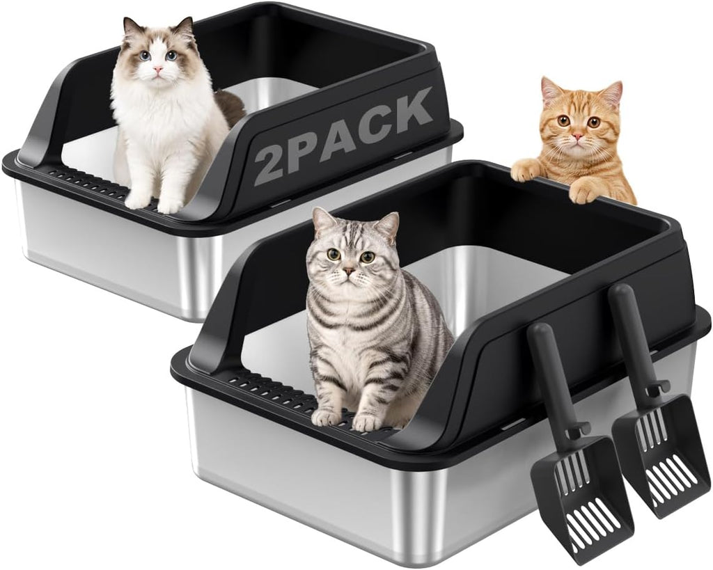 FURTIME Stainless Steel Litter Box with Lid, High Sided Metal Litter Box