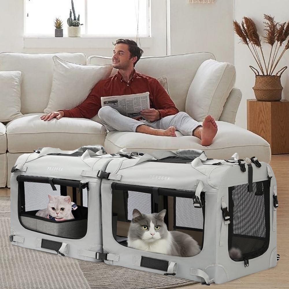 Petseek Extra Large Cat Carrier Soft Sided, Portable Small Dog Carrier for 2 Cats, 24"x16.5"x16" Car Travel Folding Comfortable Design with Litter Box and Bowls, Grey-2+ Litter Box+ Bowl*2