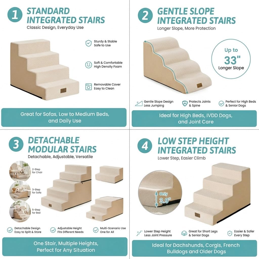 COZY KISS Dog Stairs for Small Dogs, 4 Step Pet Stairs for Beds & Couches
